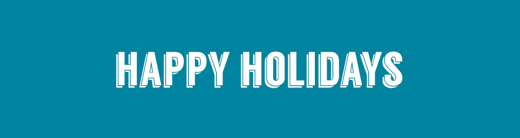 blue background white text says "happy holidays" in bold