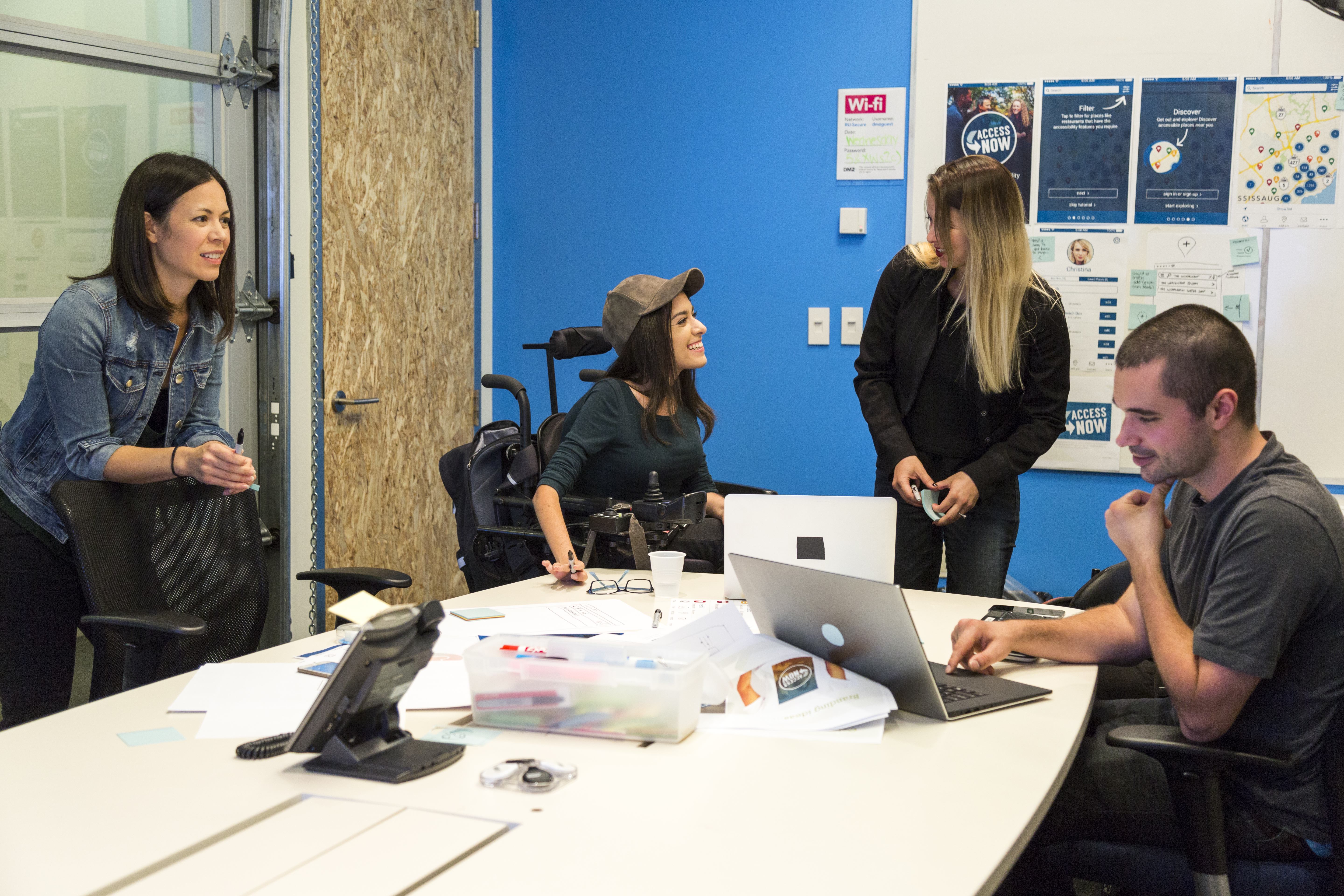 The access now team at the office. Eiko on the left, followed by Maayan ziv, amy shea, and nick schoenhoff.