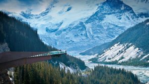 Vast view of snowy mountains and Glacier skywalk in Jasper National Park.