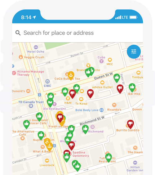 iPhone screenshot of accessnow map with pins on it