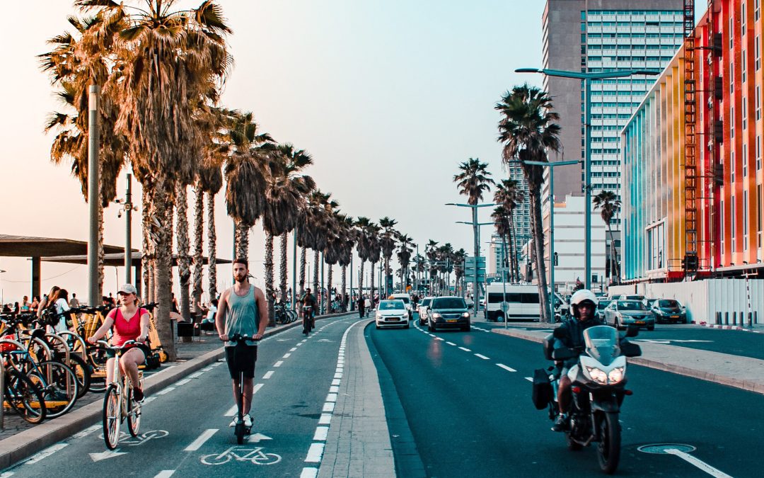 tel aviv boardwalk with palm trees and folks on scooters