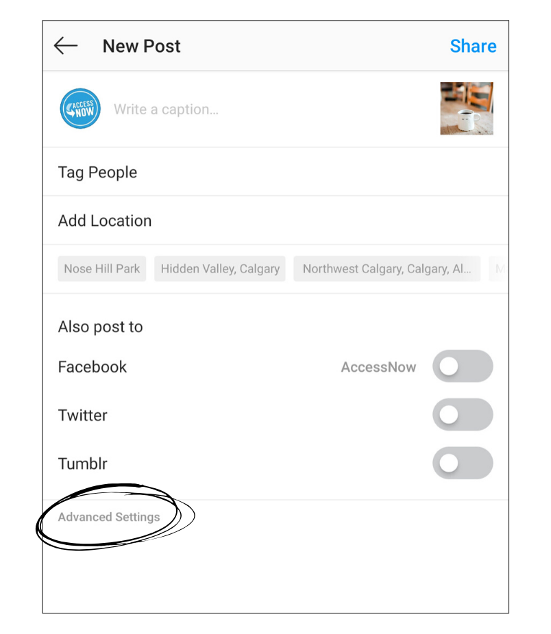 A screenshot the Instagram preview page. There are different options and at the option there is a link "Advanced Settings" which is encircled.