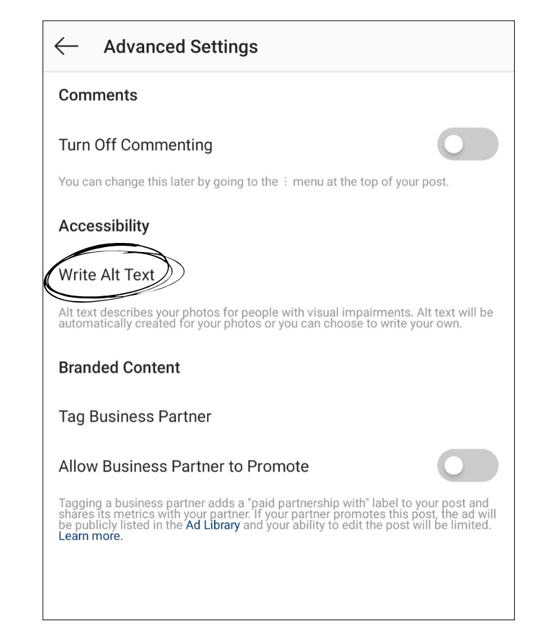 A screenshot of the Advanced Settings page for an Instagram post. One of the options is Accessibility and there is a link "Write Alt Text" which is encircled.