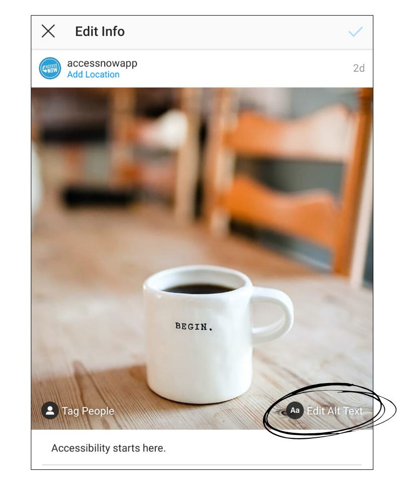 A screenshot of an already posted photo (the white coffee mug) on Instagram being edited. At the bottom right there is a link to "Edit Alt Text" and it is encircled.
