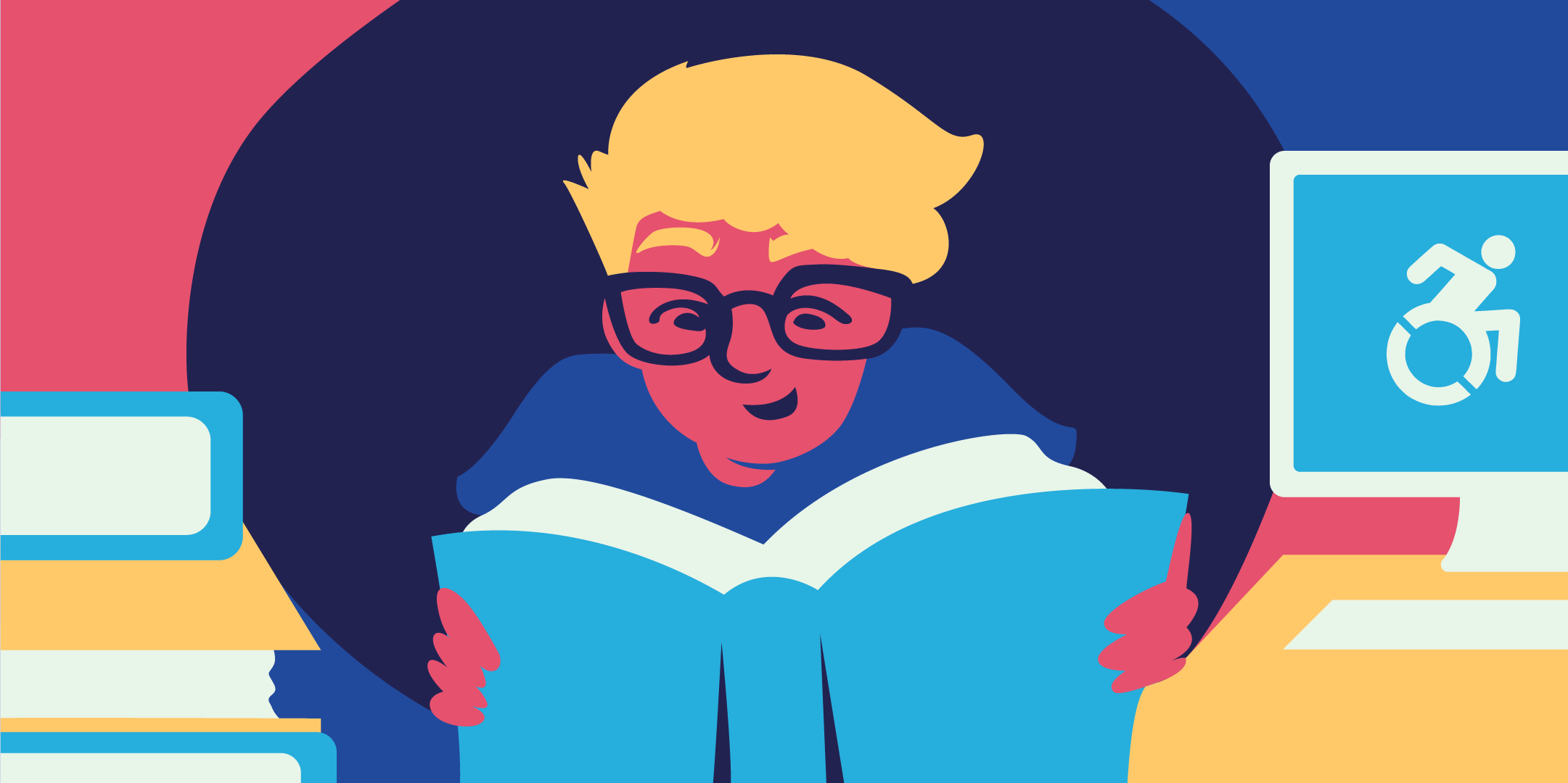 A colourful illustration of a boy with glasses reading a book.