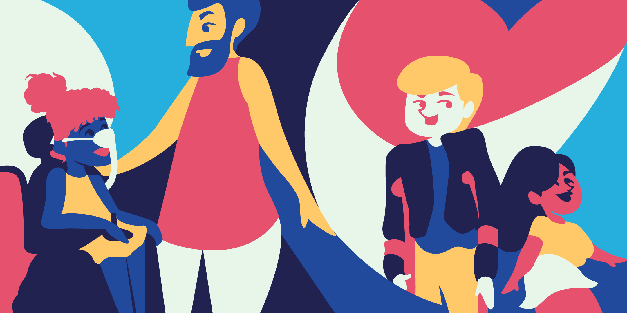 A colourful illustration of 4 people with varying disabilities