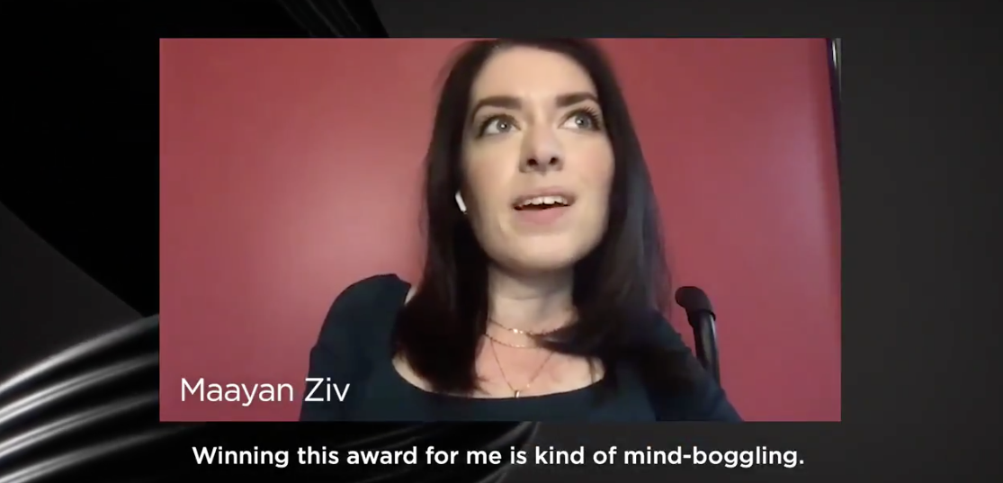 Screenshot of Maayan's thank you message upon receiving the award. Caption reads "Winning this award for me is kind of mind-boggling."