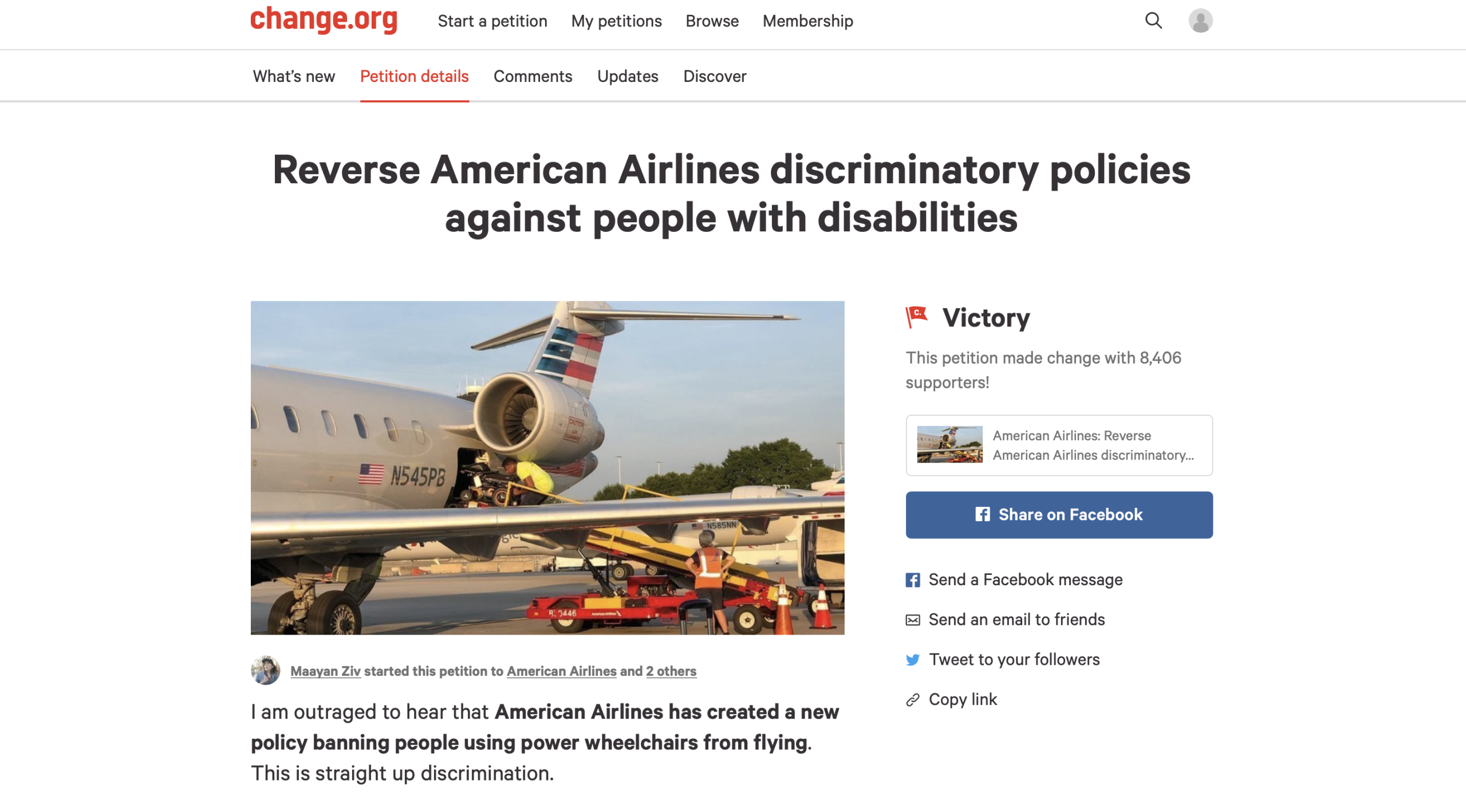 Screenshot of the Crip American Air Petition on Change.org. Title of the campaign is "Reverse American Airlines discriminatory policies against people with disabilities" and it says "Victory: This petition made change with 8,406 supporters"