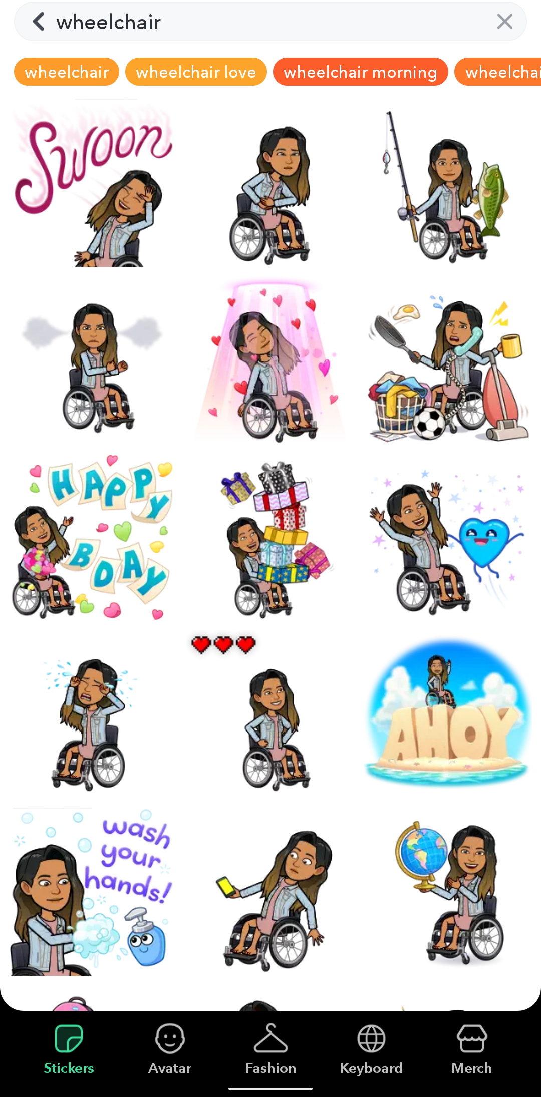 Selection of Bitmoji results of avatars with wheelchair