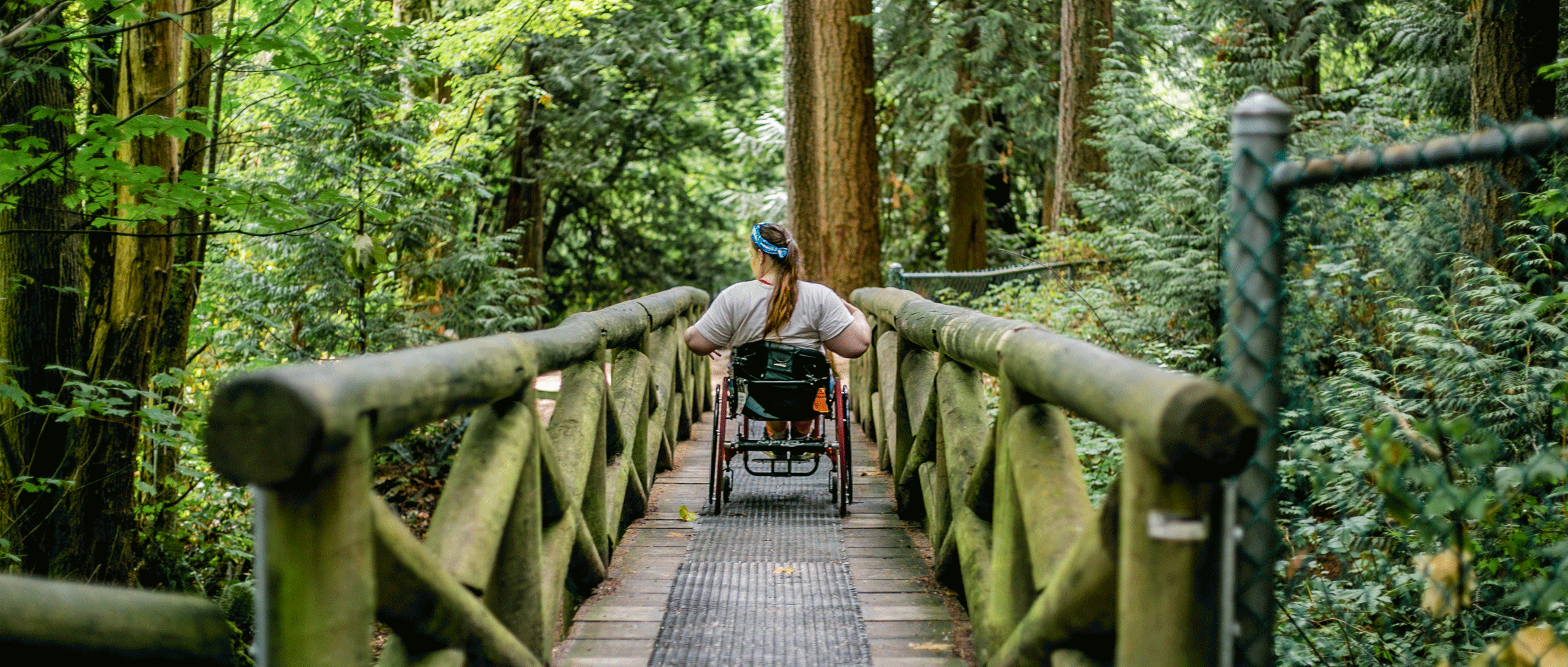 une femme en fauteuil roulant manuel roule sur un pont moussu dans une forêt