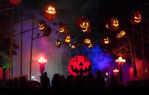 halloween lanterns hang in a haunted house venue
