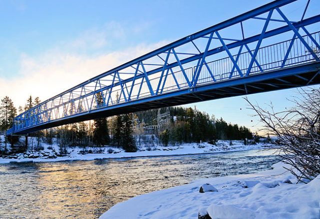Rotary Centennial Bridge spanning over the Yukon River. The bridge is blue in colour and is only wide enough for pedestrians to cross. There is fluffy white snow all along the shore of the river. 