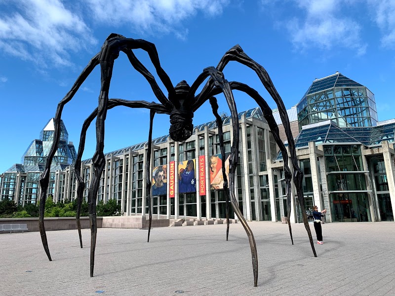 exterior of museum featuring massive art installation of a black spider