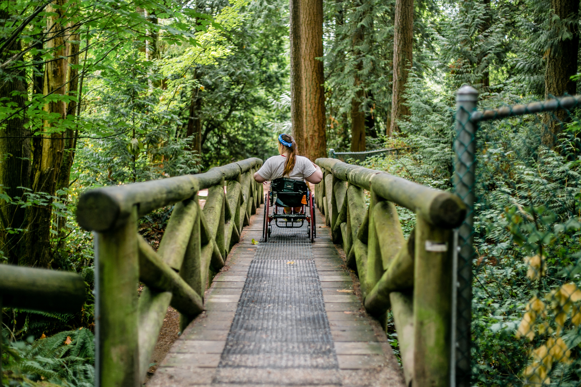 Two individuals walking on the Whistler Valley Trail. The trail is a smooth asphalt pathway, and you can see large mountains in the background. The photo appears to be taken in the Fall as the trees are various colours of green, red and yellow. 