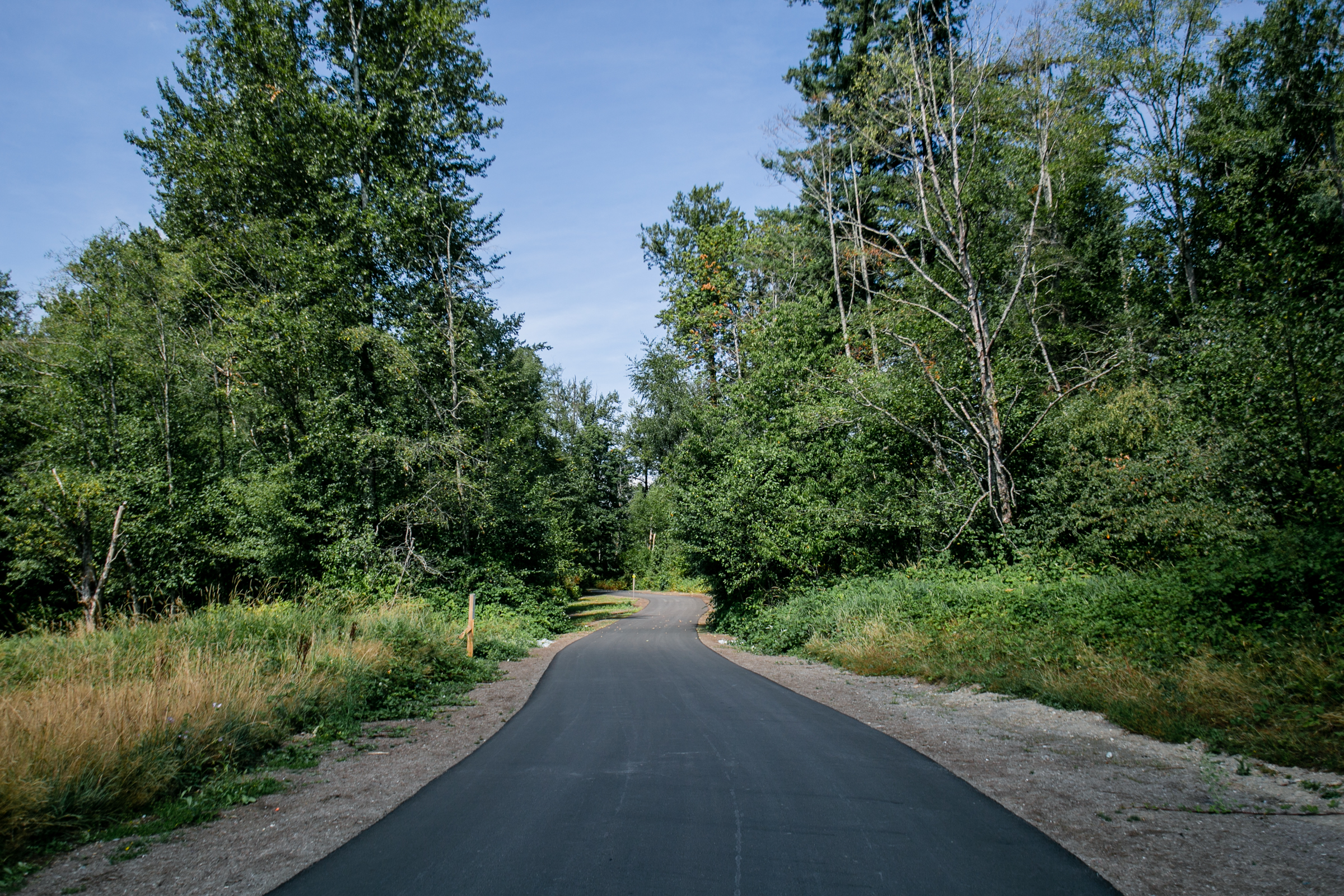 A smooth pathway winding along the edge of the ocean in Stanley Park, Vancouver. There is a large rock protruding out of the ocean close to the walkway. There are large mountains in the background, which add to the picturesque scenery seen from the trail.