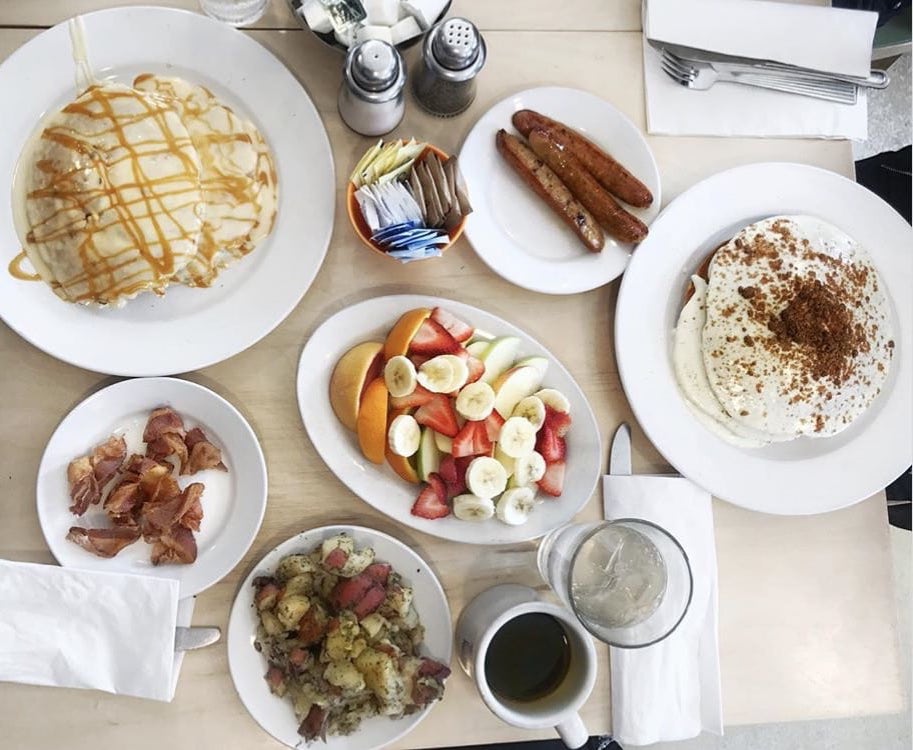 Overhead shot of a table with different plates of brunch food