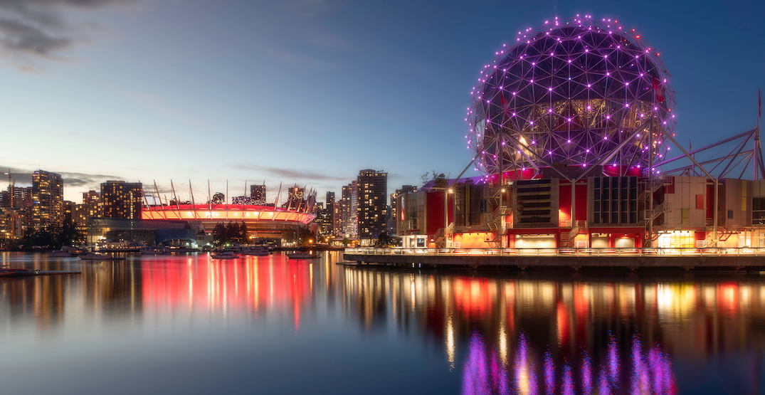 Nighttime lighting at BC Place Stadium and Science World