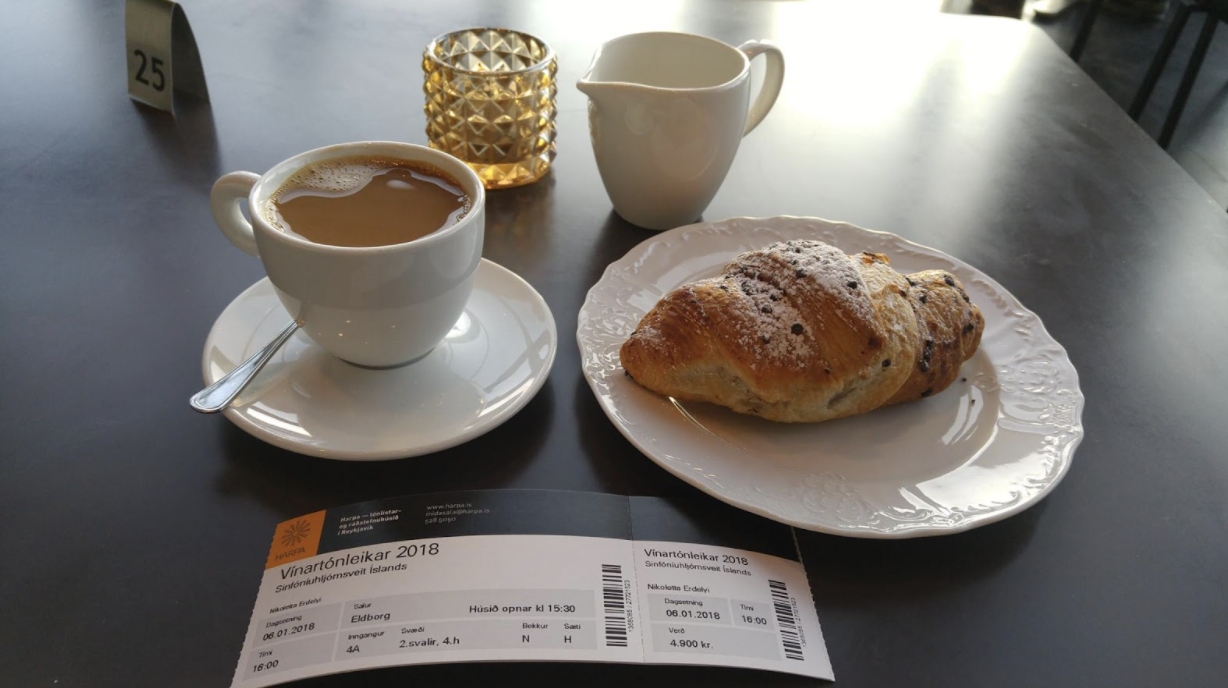 morning coffee, croissant and a ticket on the table