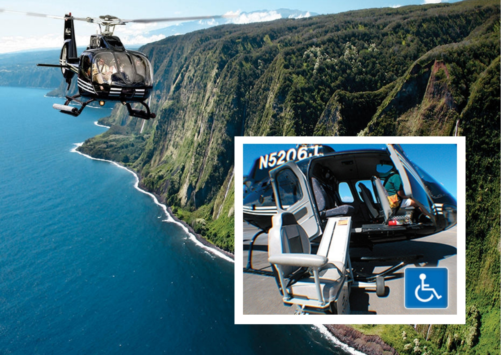 A black helicopter flying over the deep blue ocean and the luscious green Maui mountains. In the bottom right corner there is another photo showing the accessible chair lift that allows people with disabilities to get in the helicopter easier. 