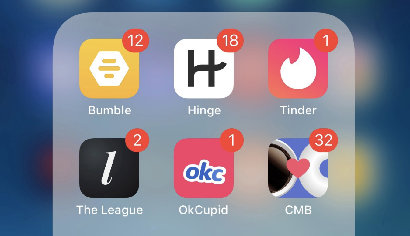 dating apps installed on a phone. bumble, hinge, tinder, the league, okcupid, coffee meets bagel