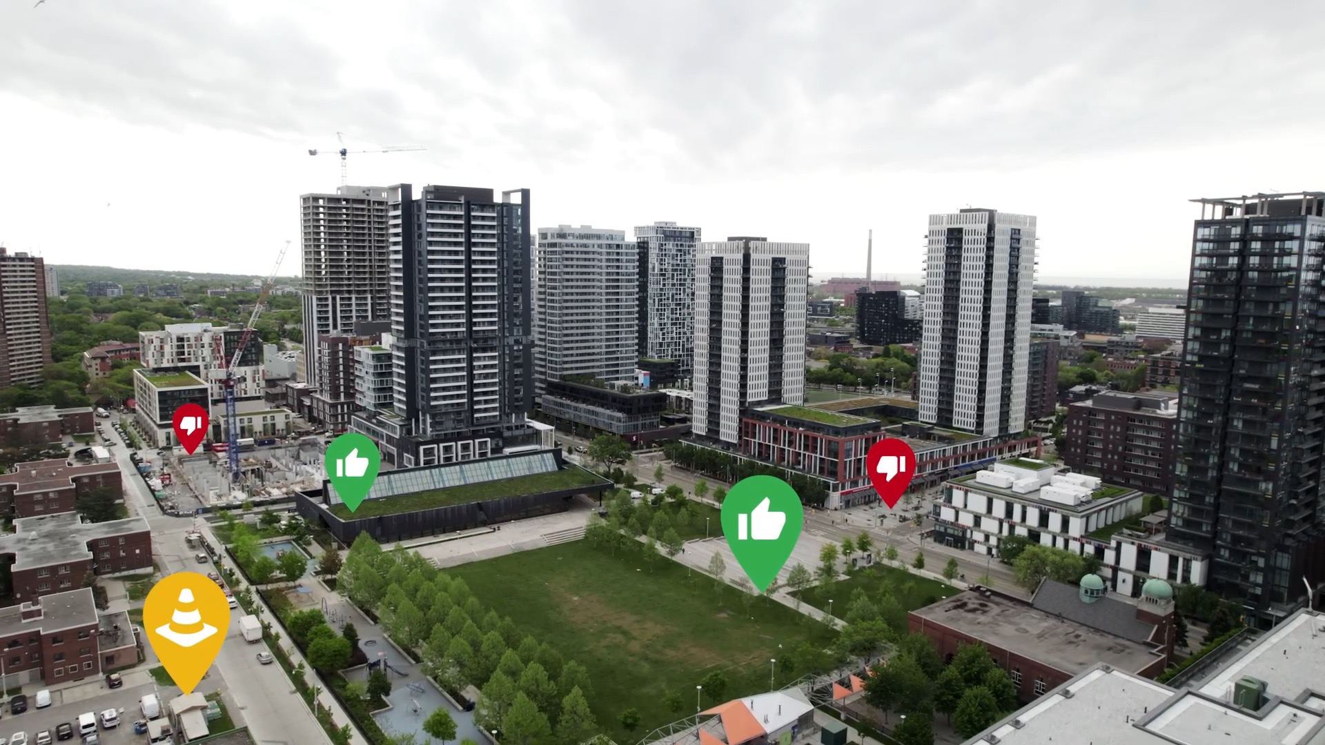 Aerial view of Regent Park with pins marking accessible and not accessible spots