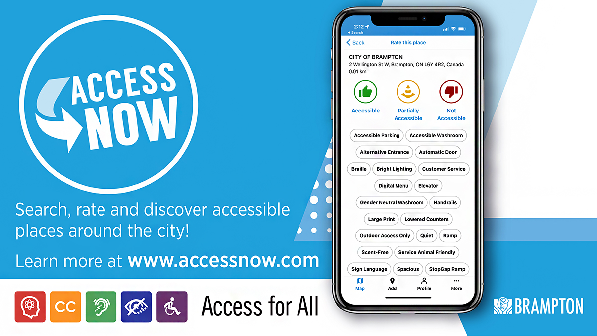 display banner of the accessnow app promoting a review of the city of brampton