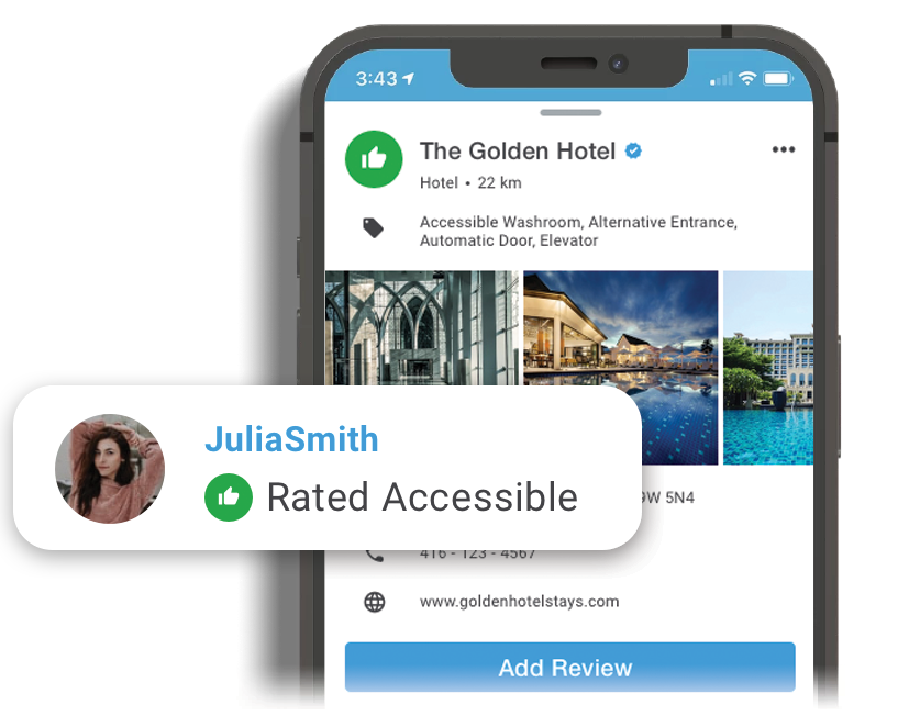 image de l'application accessnow montrant un utilisateur notant un hôtel accessible