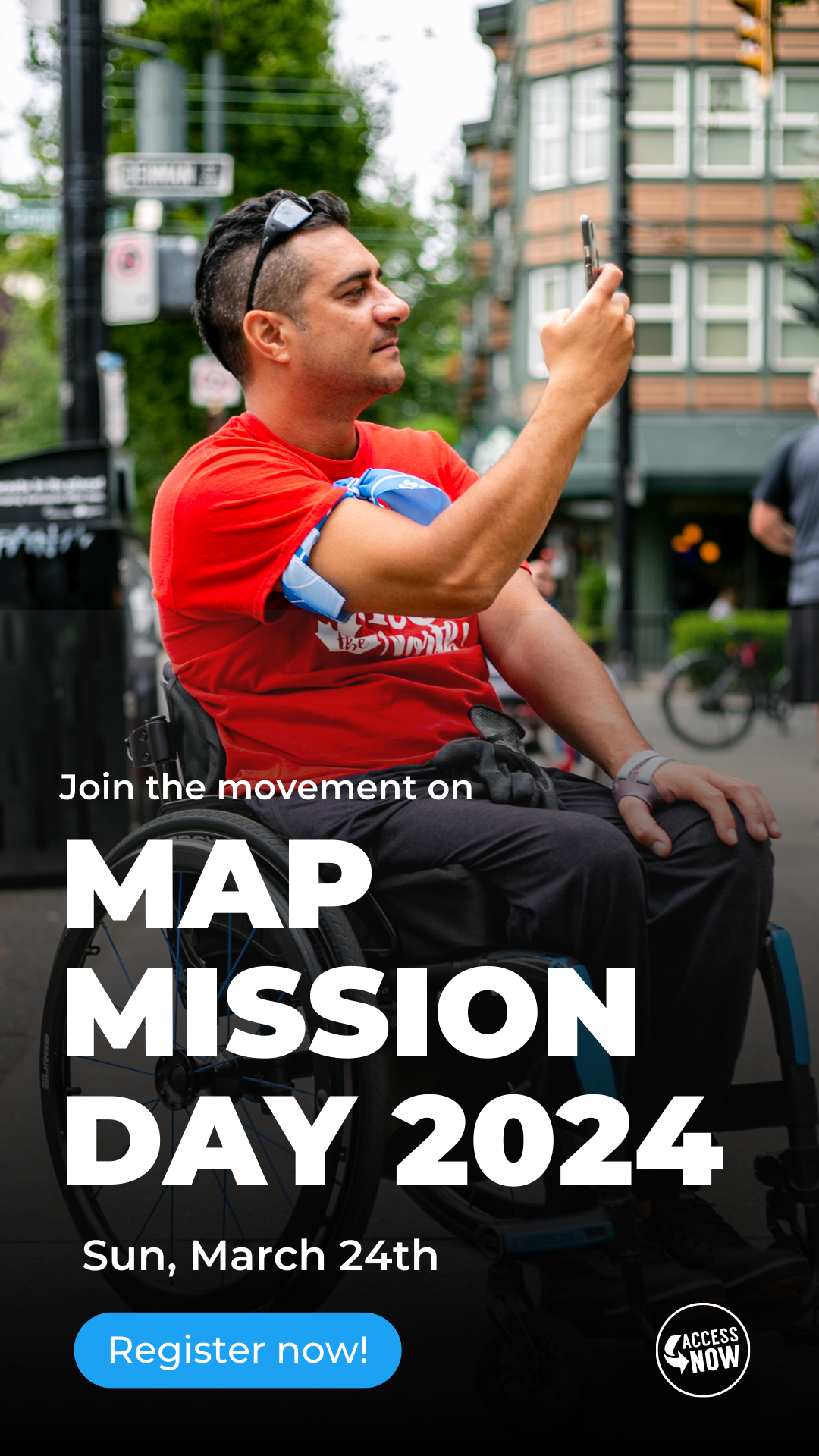 Social graphic to register for MapMission Day 2024, with photo of a man in a wheelchair.