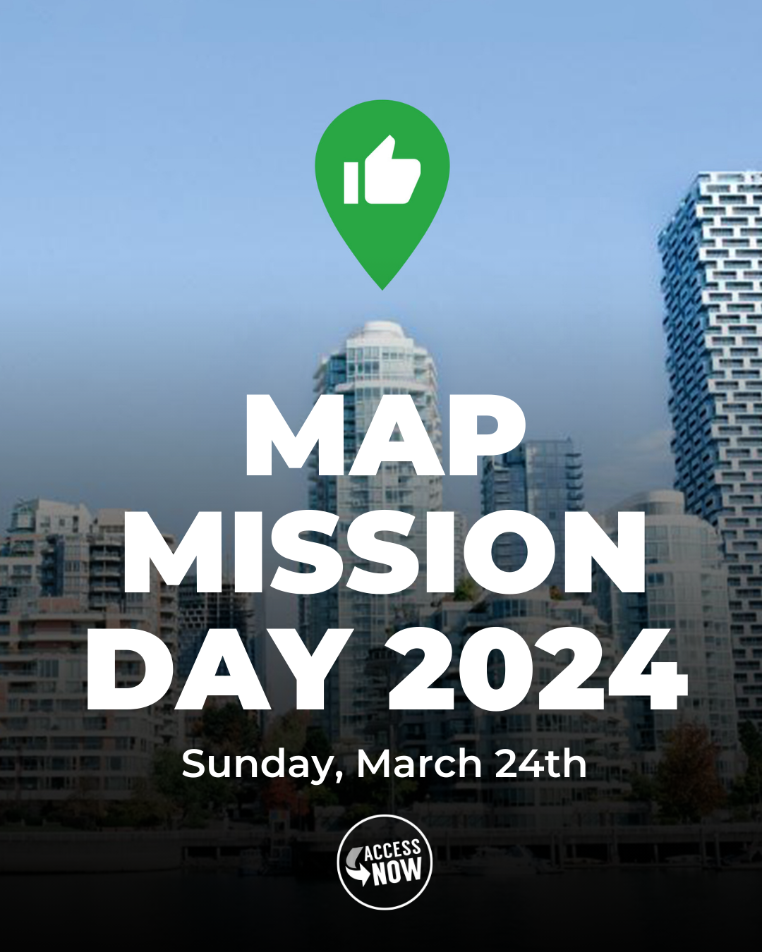Social graphic to register for MapMission Day 2024, with photo of a city with a green accessible pin on top.