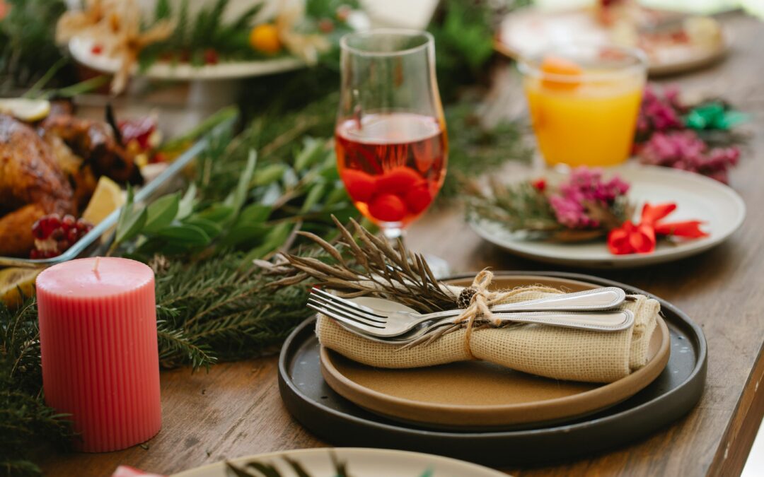 A beautiful holiday decorated dinner table.