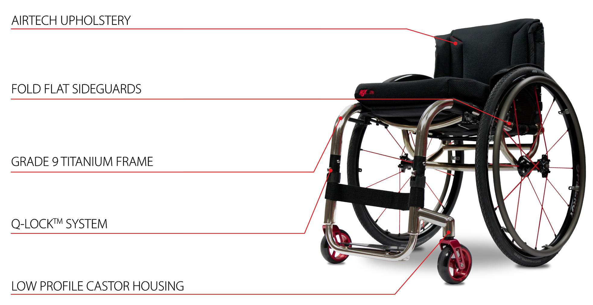 A detailed photo of the RKG Octane-FX wheelchair. The image describes its key features as well, such as airtech upholstery, fold flat sideguards,  grade 9 titanium frame, q-lock system, low profile castor housing. the wheelchair is black with red accents all around. 