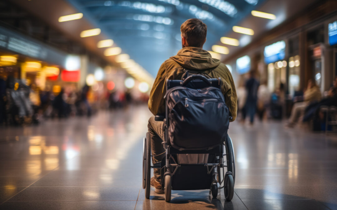 A young man in a wheelchair moves through an airport terminal.