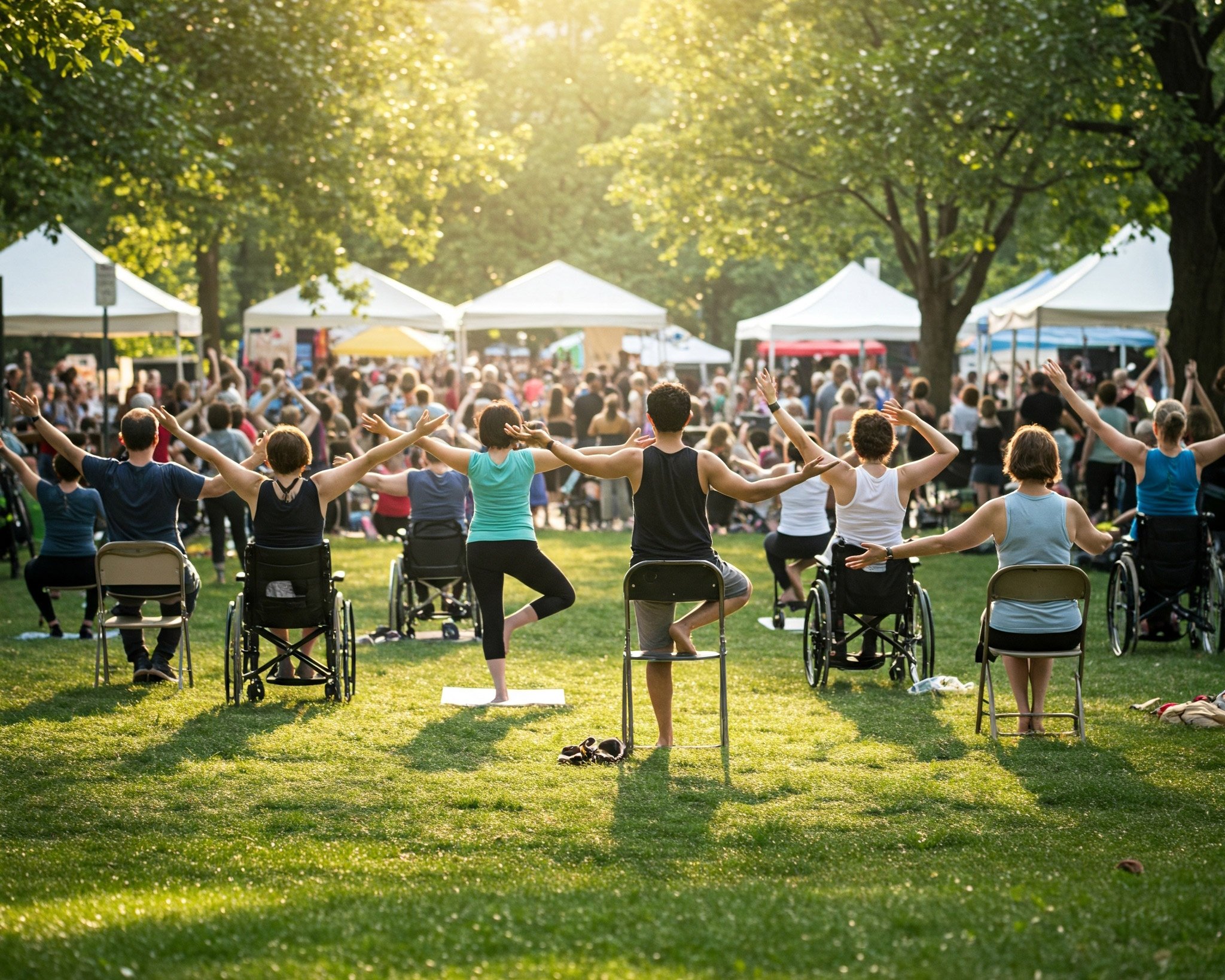 A large, inclusive outdoor yoga class in a sunny park, with participants of all abilities, including wheelchair users, stretching together in front of a lively crowd and white tents. The scene is framed by green trees and warm, golden light.