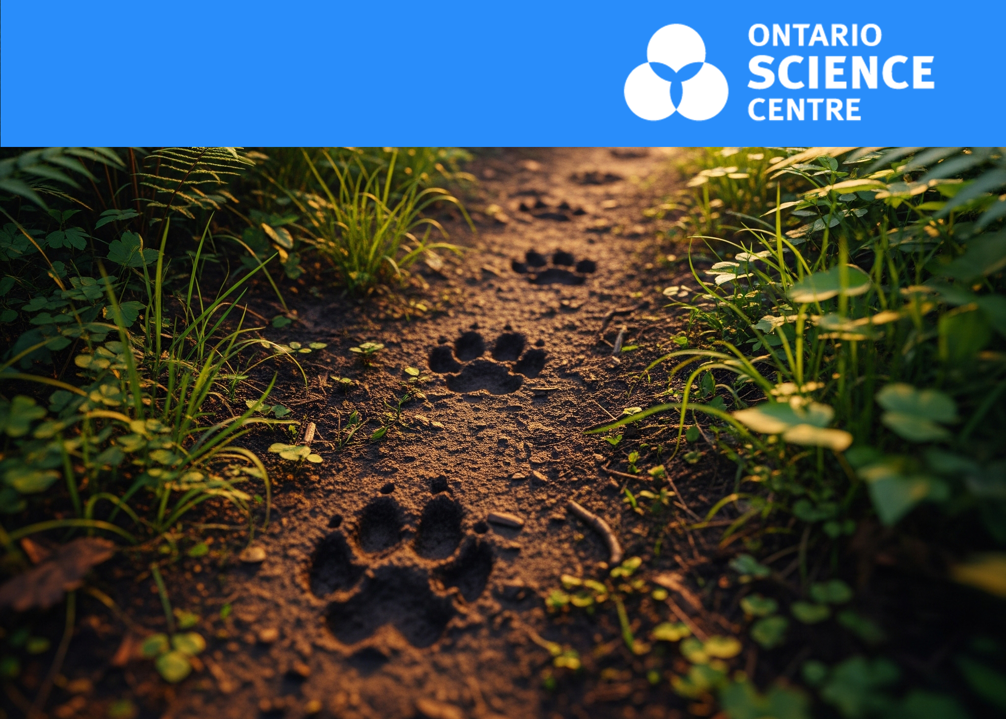 A wide-angle shot shows animal tracks pressed into damp, muddy earth near a dense forest. Golden hour sunlight bathes the scene, illuminating vibrant green ferns and lush vegetation, creating a serene and mysterious atmosphere.