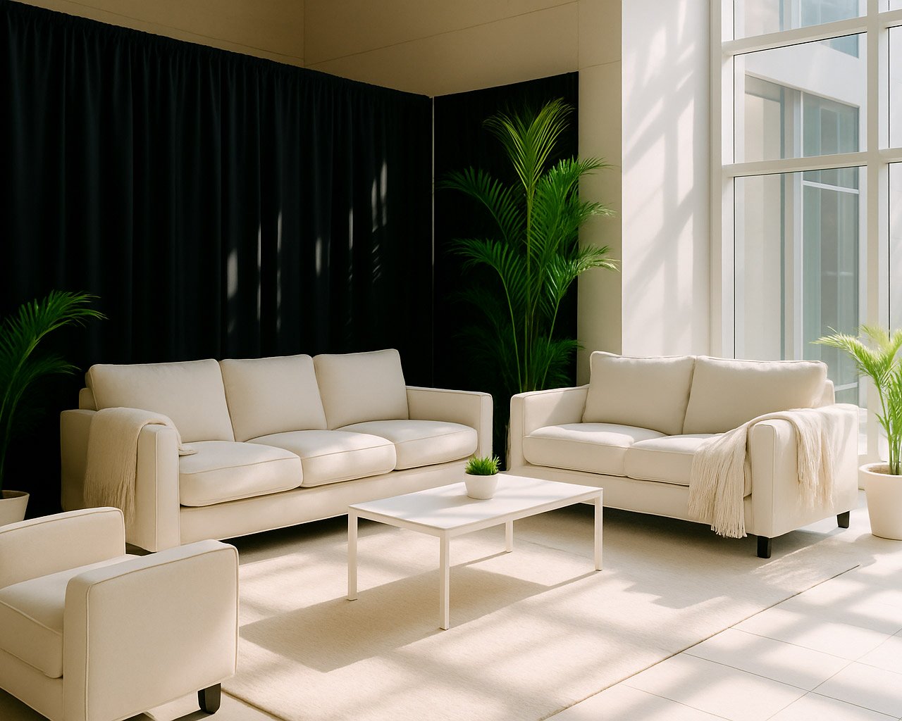A bright, inviting indoor lounge area featuring two cream-colored sofas, an armchair, a white coffee table with a small plant, and tall green potted plants. Sunlight streams in from large windows, casting soft shadows, while dark curtains frame the background.