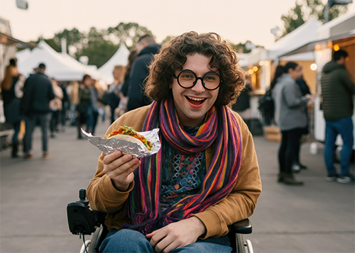 A person with curly hair, round glasses, and a colorful striped scarf smiles while holding a taco wrapped in foil. They are seated in a wheelchair at an outdoor food market, with white vendor tents and people browsing in the background.