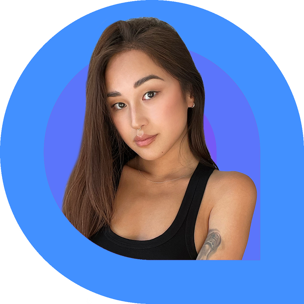 kae bio headshot in blue pin