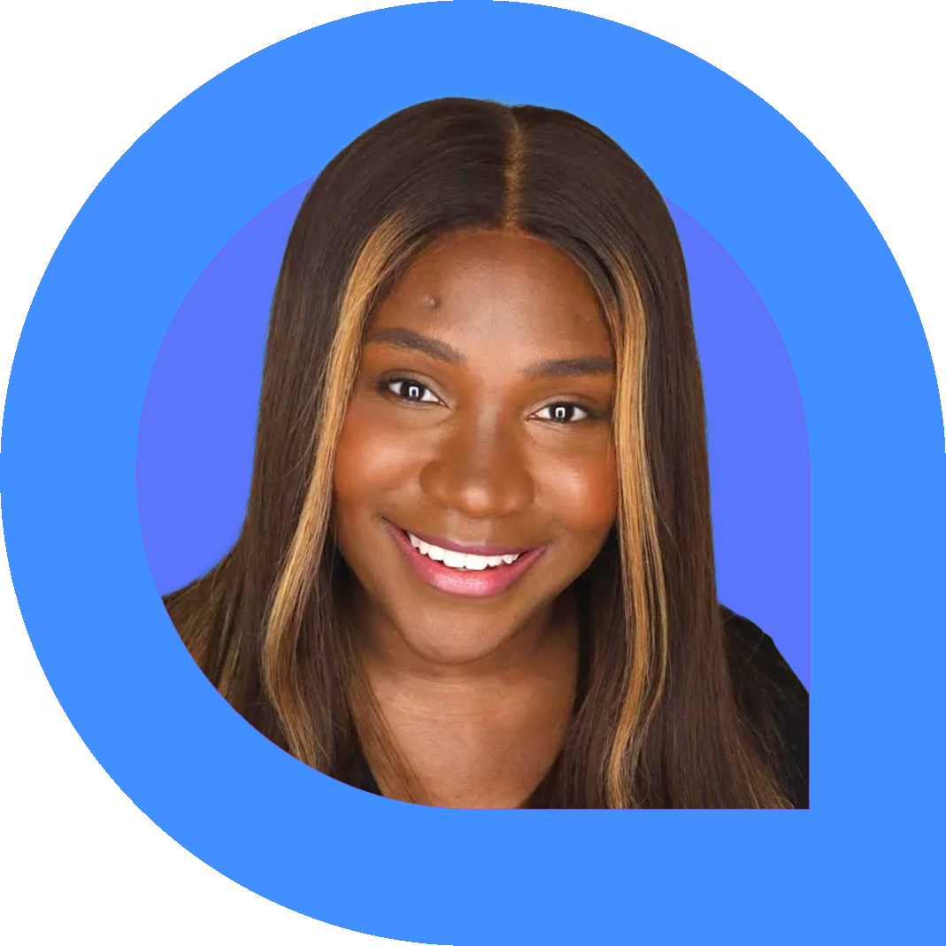Taylor Lindsay-Noel, a woman with long, straight hair and caramel highlights, smiles brightly against a vibrant orange and pink graphic background. The portrait is framed by bold yellow and magenta rings, creating a cheerful and empowering visual.