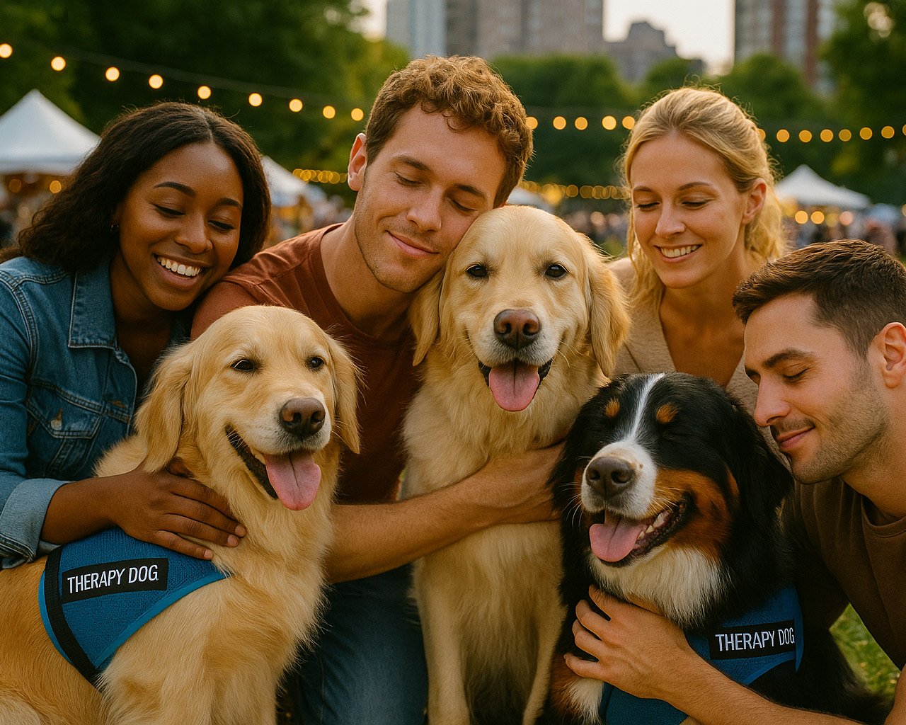 A group of five smiling people lovingly hug and cuddle three fluffy therapy dogs—two golden retrievers and one Bernese mountain dog—at an outdoor festival. String lights and tents can be seen in the background.