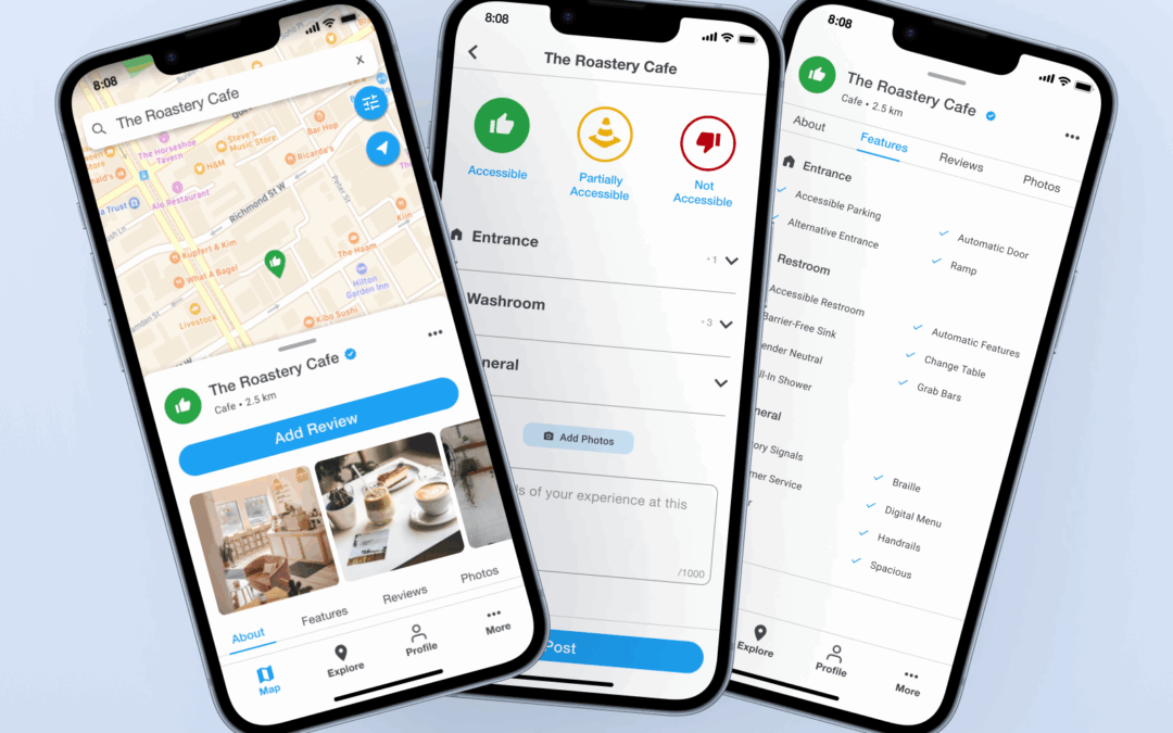 A mockup of 3 images from the new interface of the AccessNow app. It shoes the map, rating scheme, and the tags/features.
