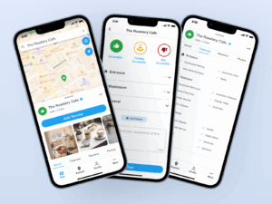 A mockup of 3 images from the new interface of the AccessNow app. It shoes the map, rating scheme, and the tags/features.
