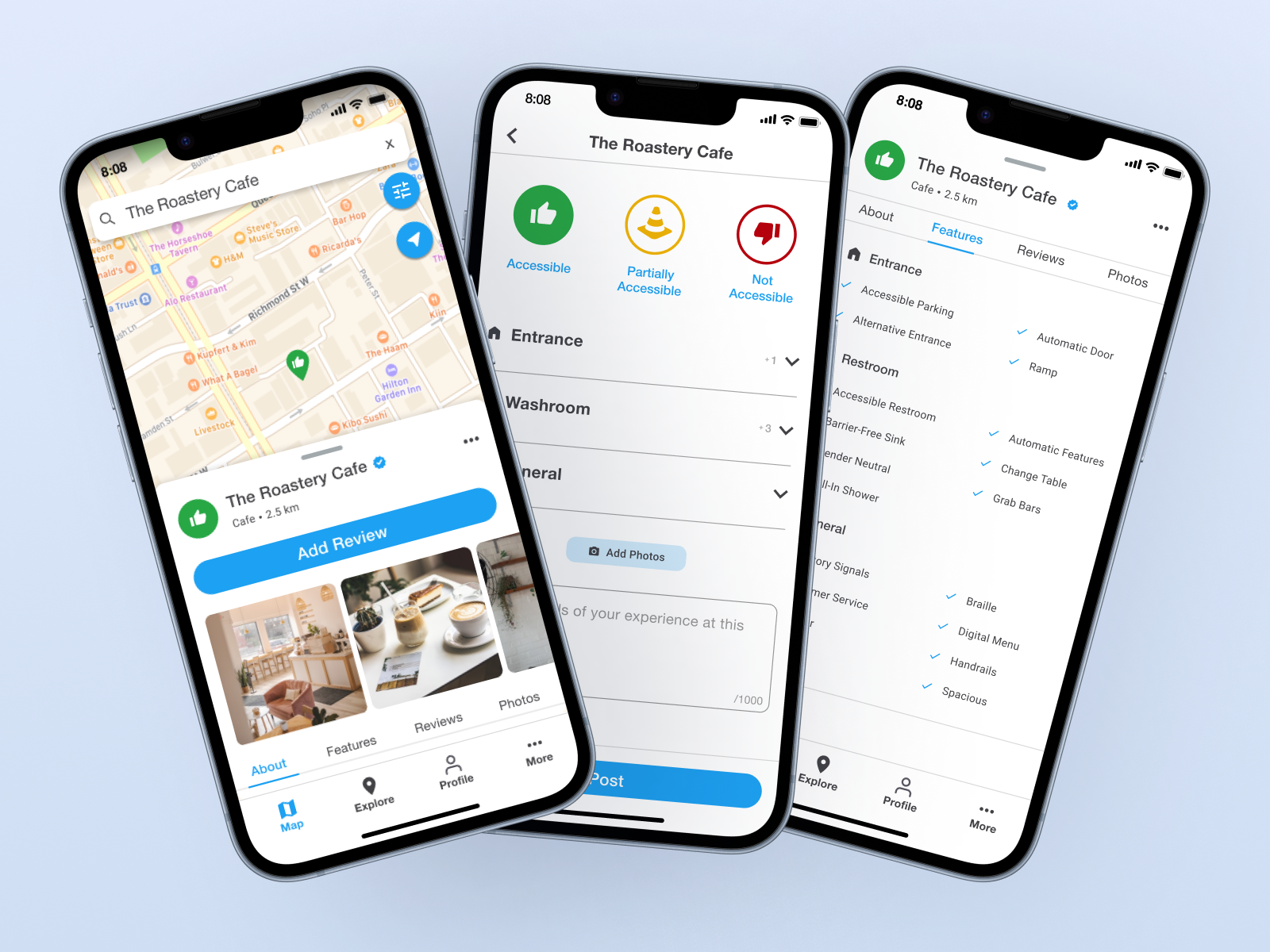 A mockup of 3 images from the new interface of the AccessNow app. It shoes the map, rating scheme, and the tags/features.