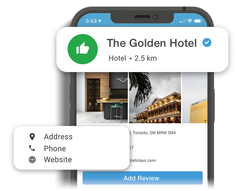 A screenshot of a Verified location title, "The Golden Hotel". Next to it is the blue verified check mark.