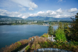 Overview shot of Vancouver City from Stanley Park during the summer season.