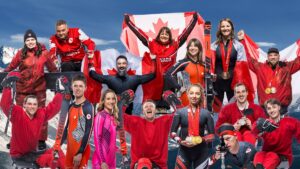 A collage of Canadian Para athletes from the Canadian Paralympic Committee website. They are mostly wearing red and black, many are wearing medals around their necks.