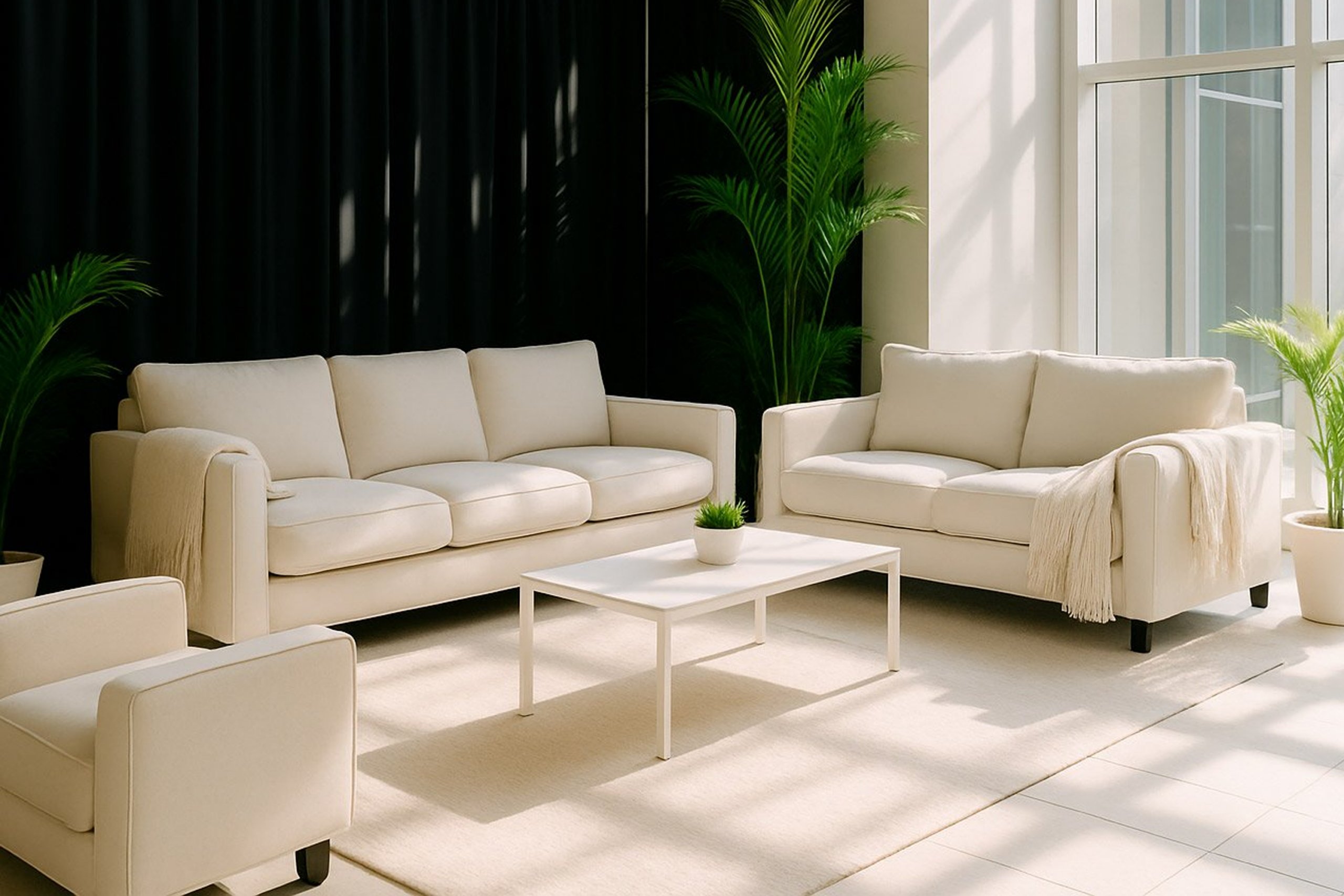 white couches in a quiet space with nice daylight