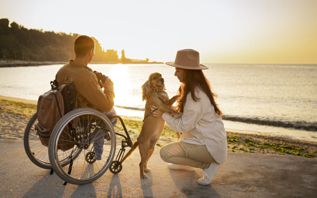 An interabled couple travelling with a dog, enjoying the sunset on a beach.
